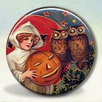 Witch with Pumpkin and Spooky Owls