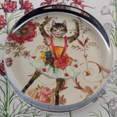 Dancing Kitty Cat Glass Round Paperweight