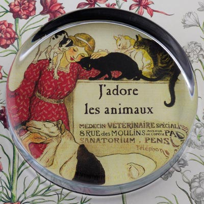 Vintage French Veterinarian Glass Round Paperweight