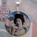 Geisha with Kitty Cat Sterling Pendant