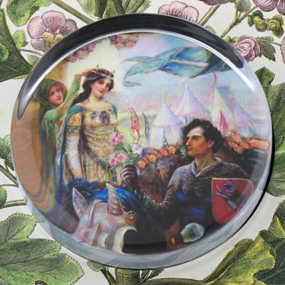 Guinevere and Lancelot Glass Round Paperweight