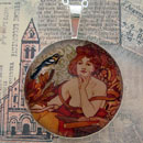 Mucha Woman with Bird Sterling Pendant