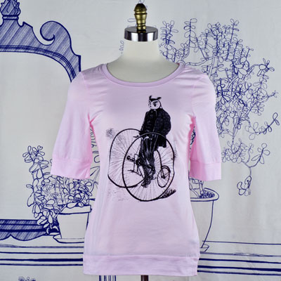 Gentleman Owl on a Bicycle Elbow Length Pink T-Shirt SALE
