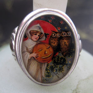 Witch with Pumpkin and Spooky Owls