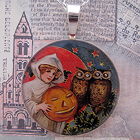 Witch with Pumpkin and Spooky Owls Sterling Pendant